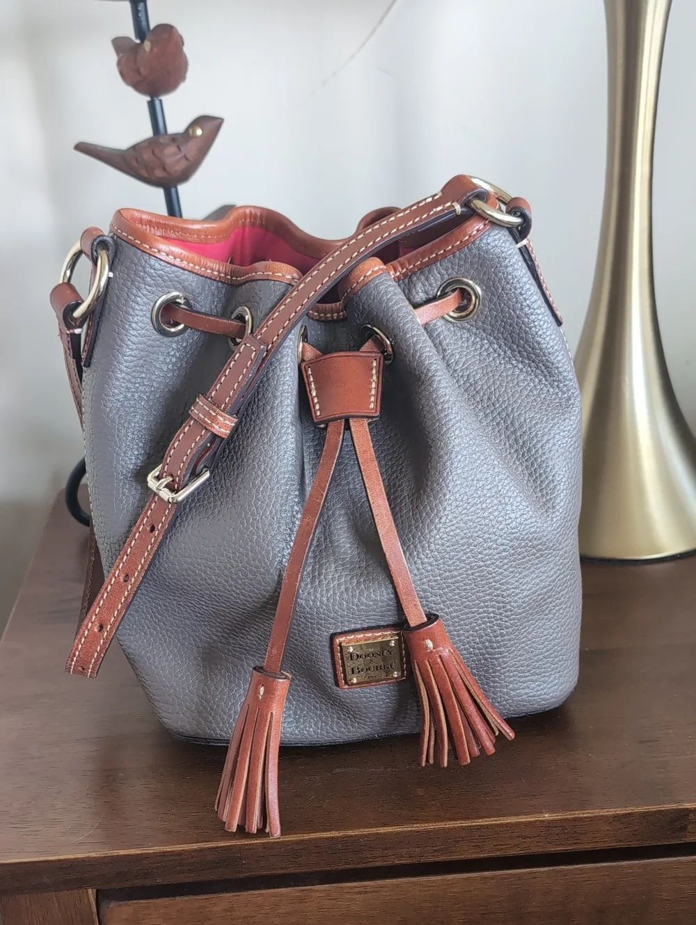 Dooney & Bourke Tasseled Leather Drwstring Bucket Shoulder Bag Taupe/British Tan
